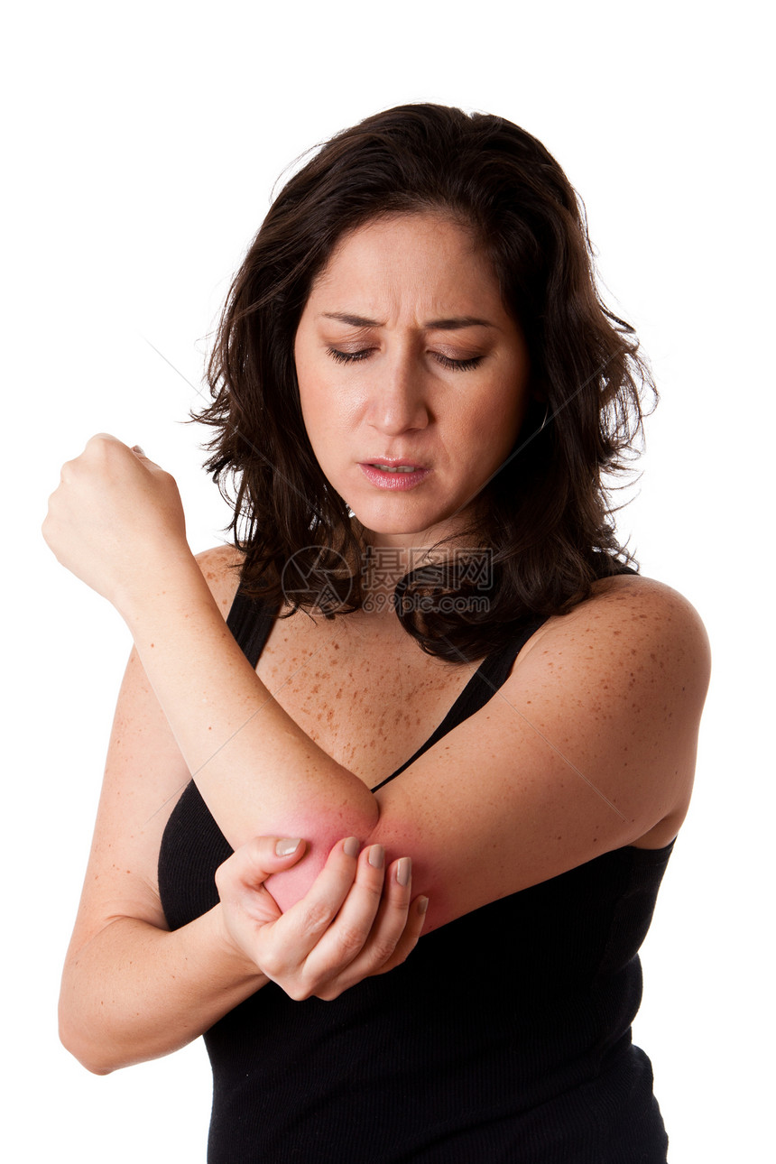 手肘疼痛的女人持有扭伤女性手臂女孩运动创伤黑色白色红色图片