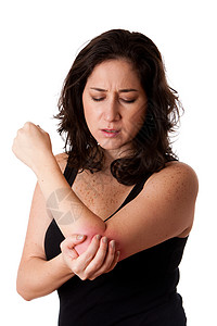 手肘疼痛的女人持有扭伤女性手臂女孩运动创伤黑色白色红色背景图片
