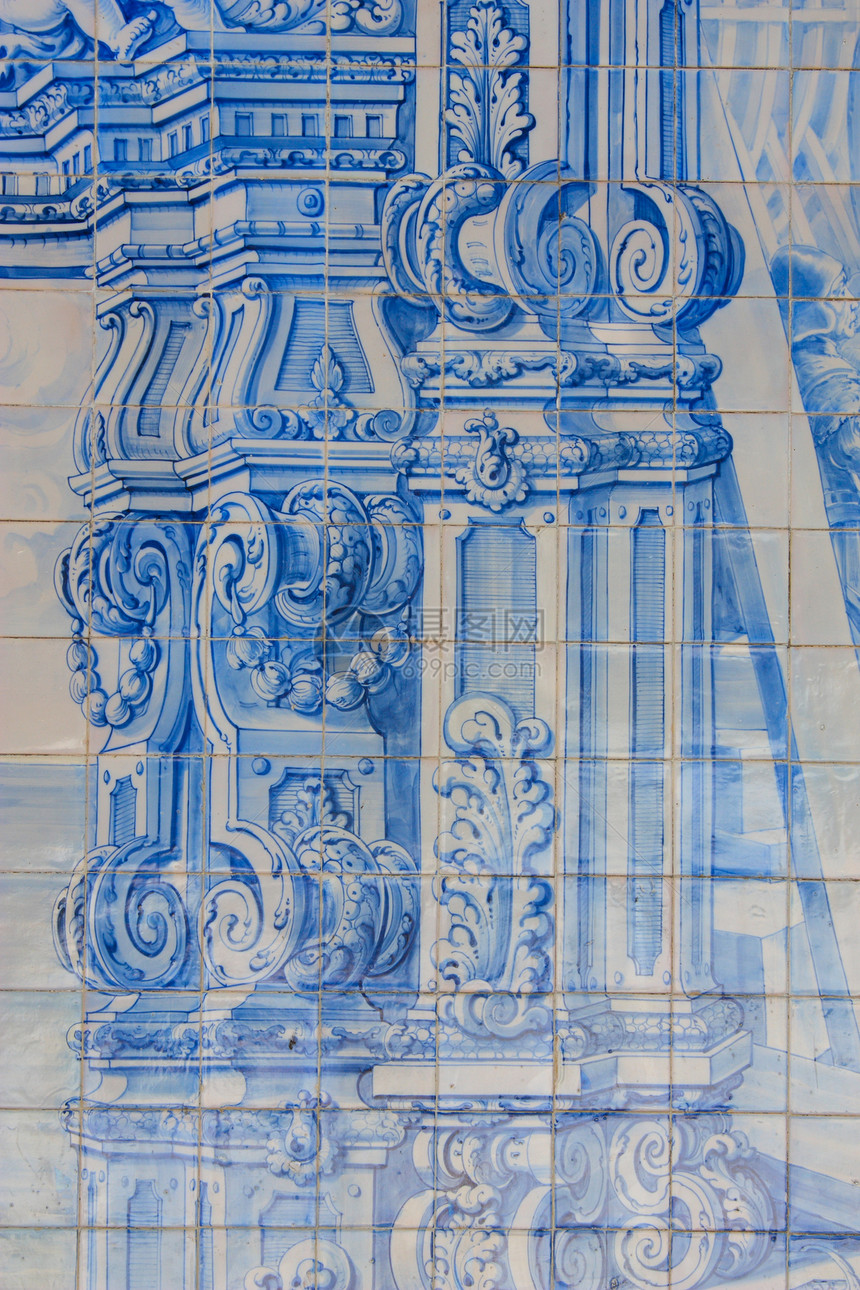 来自葡萄牙里斯本的旧瓷砖制品陶瓷蓝色水泥控制板马赛克正方形手工历史工作图片
