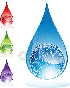 氧自由基水环回收行星资源绿色紫色全球金属地球生长水滴插画