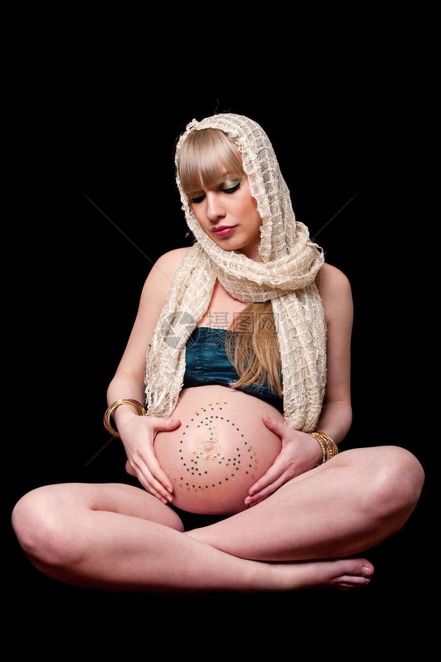 怀有肚子的孕妇面纱母亲腹部白色女孩水钻宝石女士怀孕女性图片