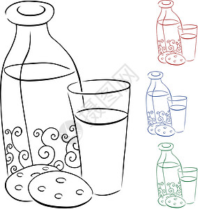 牛奶笔刷牛奶和饼干插图蓝色芯片绘画玻璃瓶子夸脱漩涡艺术草图插画