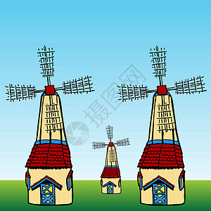 风风车空气历史性天空建筑旋转涂鸦刀刃写意蓝色插图背景图片