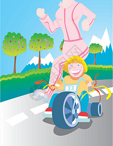 大轮卡通片轮胎妈妈父母孩子跑步男生乐趣母亲家庭背景图片