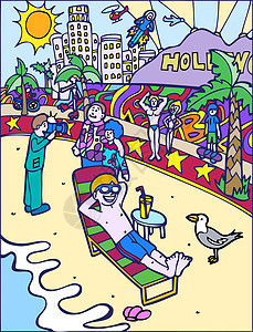 洛杉矶海滩儿童冒险 海滩的太阳浴浴插画