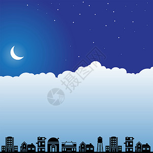 云天际线夜间天空场景  家园邻里城市房屋房子网站蓝色月亮插图天际网络插画
