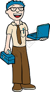 计算机技术员工具机械极客男人插图工人修理工维修工具箱笔记本背景图片
