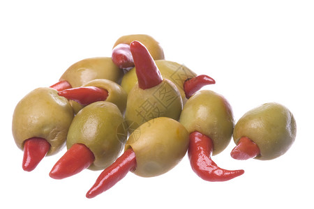 分离的胡椒橄榄生产农业辣椒食物宏观水果红色背景图片