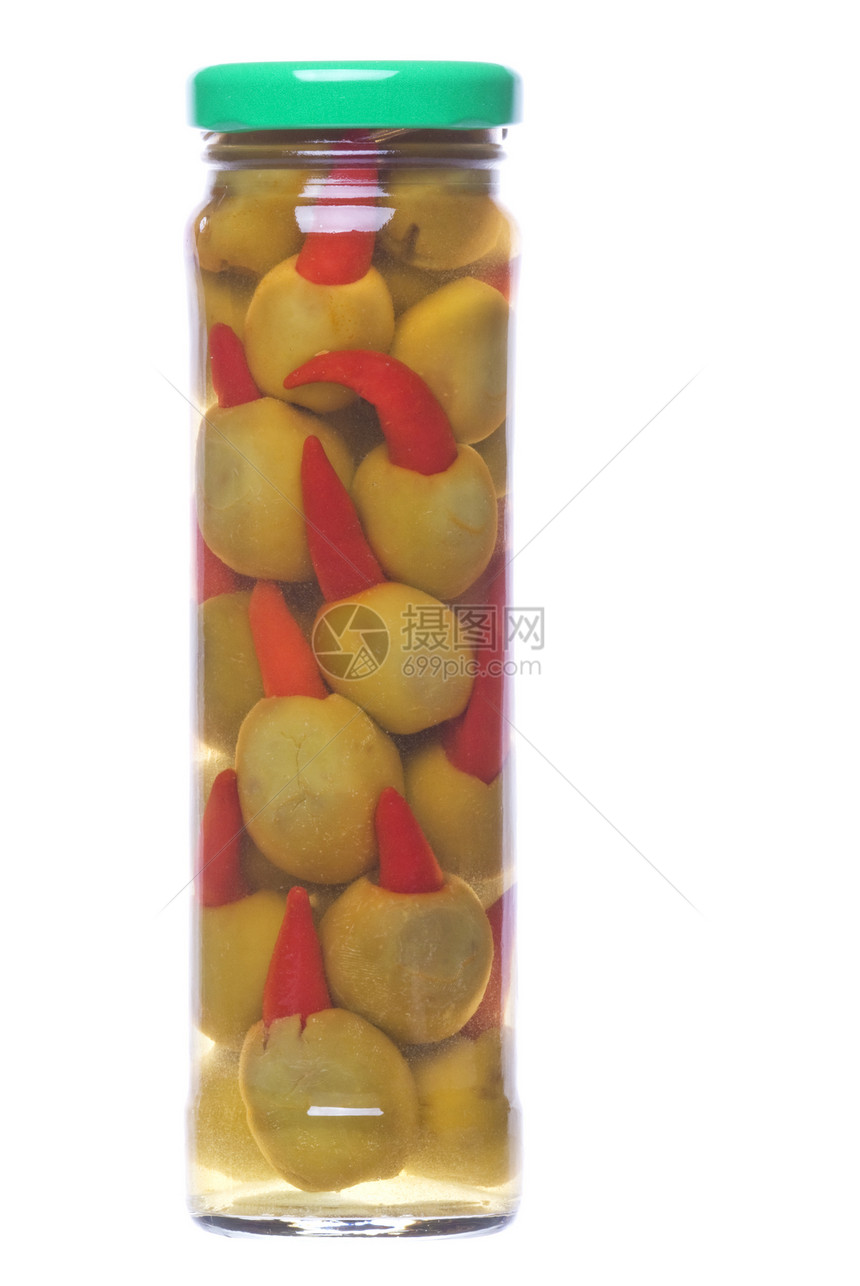 瓶中分离的辣椒橄榄农业辣椒宏观红色胡椒食物瓶装生产水果图片