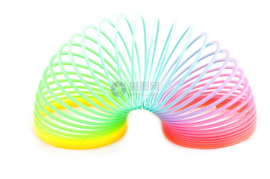 白色背景上隔离的彩虹塑料弹簧玩具图片