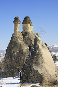 土耳其卡帕多西亚的火鸡岩石侵蚀烟囱仙女基座锥形形状背景图片