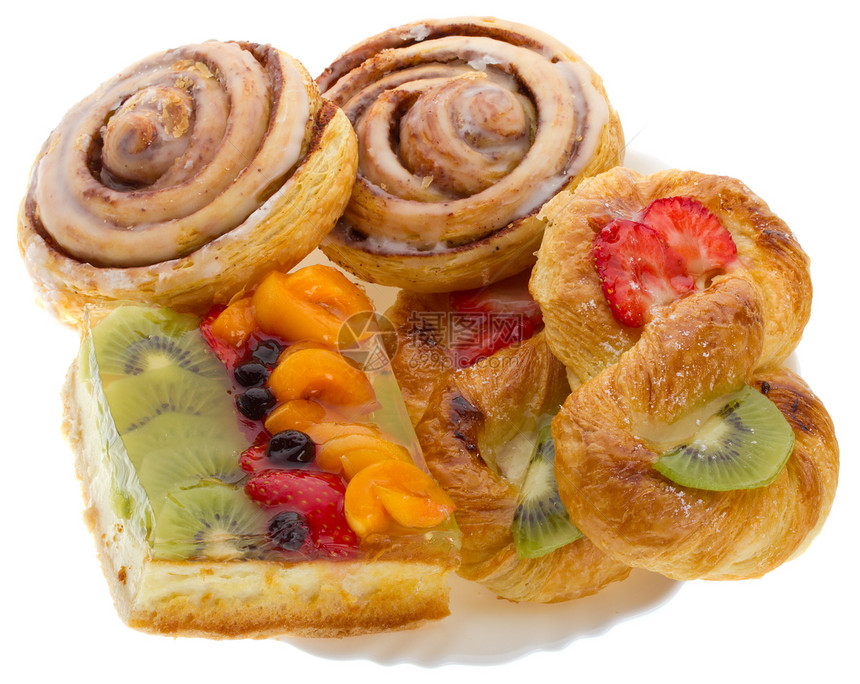 一套甜甜的糕点水果食物面团小吃面包蛋糕诱惑奶油奇异果早餐图片