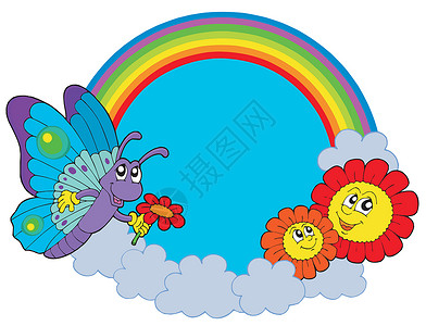 翅膀鲜花结带蝴蝶和鲜花的彩虹圆环设计图片