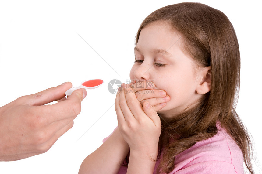 拒绝女孩们粉色流感勺子药品孩子疾病糖浆图片