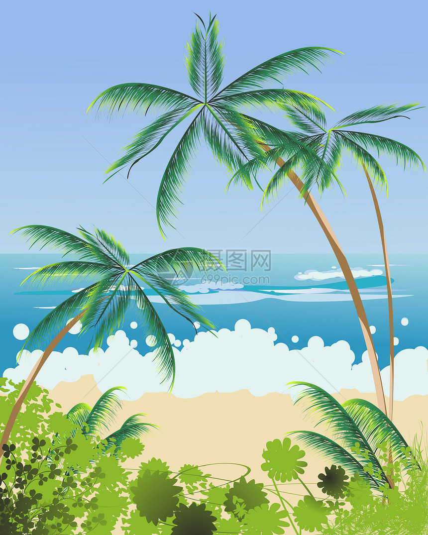 海滩景观棕榈放松天堂情调海岸蓝色天空太阳晴天海洋图片