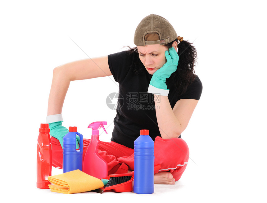 深思熟虑的女人卫生洗洁精方法洗涤剂家庭成人主妇家务簸箕红色图片