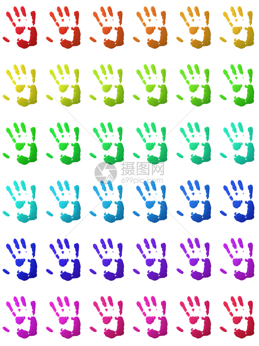 色彩多彩的手印墨水教育艺术印象身份多样性比赛绘画棕榈蓝色图片