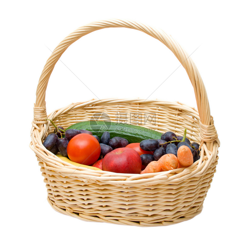 篮子中的蔬菜和水果木头植物团体收藏收获收成市场柳条农业黄瓜图片