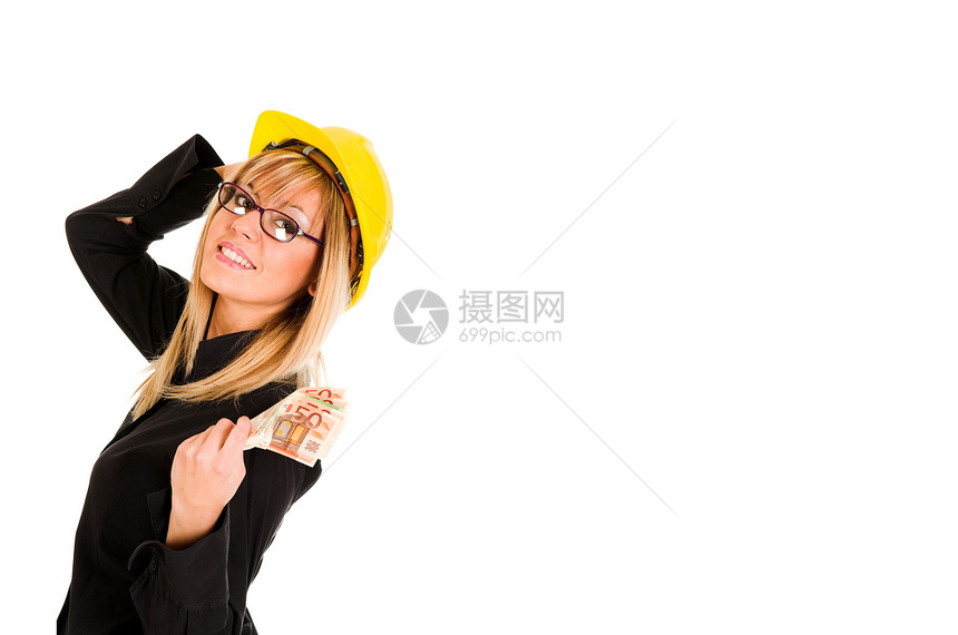 拥有收入的女商务人士标语首都经济职业金发金融头盔建筑师广告牌优胜者图片