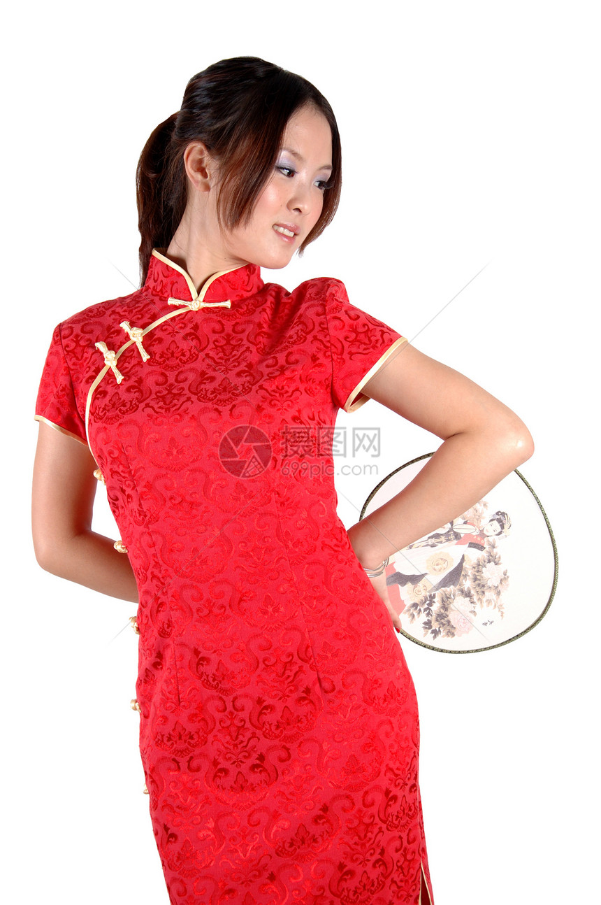 穿着长着风扇的Traditonal服装的中国女孩扇子裙子红色姿势青年女士女性图片