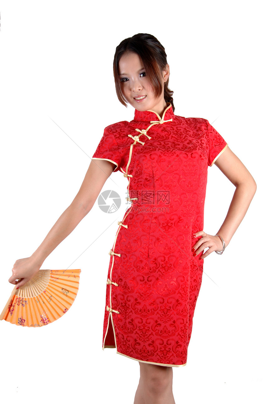 穿着长着风扇的Traditonal服装的中国女孩女性姿势青年女士裙子扇子红色图片