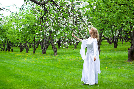 白娘子许仙白娘子和白花公园草地新娘神话白色精灵故事苹果树绿色花园背景