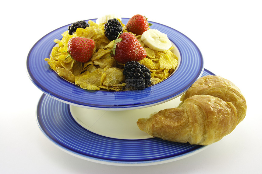 玉米花和果子与克罗桑小吃小麦饮食厨房午餐营养浆果面包蜂蜜牛奶图片