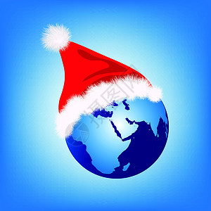 圣诞帽子全球艺术插图红色蓝色行星地球背景图片