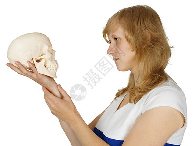 女人检查白色的人体头骨高清图片