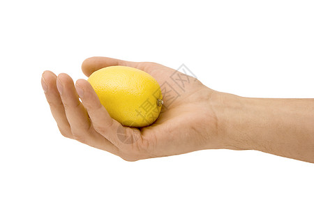 手拿黄柠檬水果礼物男人柠檬白色展示黄色棕榈食物背景图片