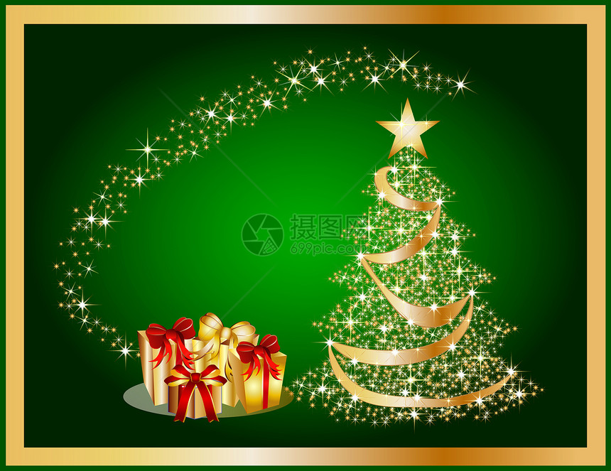 绿色背景的金色圣诞树玩具展示火花星星装饰品金子丝带庆典墙纸图片