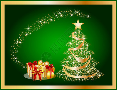 绿色背景的金色圣诞树玩具展示火花星星装饰品金子丝带庆典墙纸背景图片
