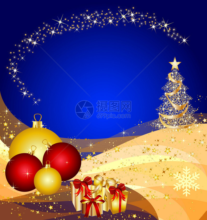 金波上的圣诞树漩涡海浪丝带火花展示星星金子庆典玩具墙纸图片