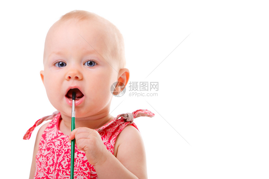 可爱的女婴婴儿儿童蓝色女孩童年绘画姿势眼睛金发白色图片
