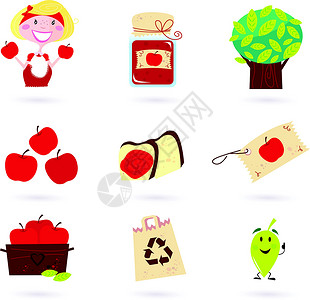 苹果果酱自然和秋季 苹果图标集(绿红)插画