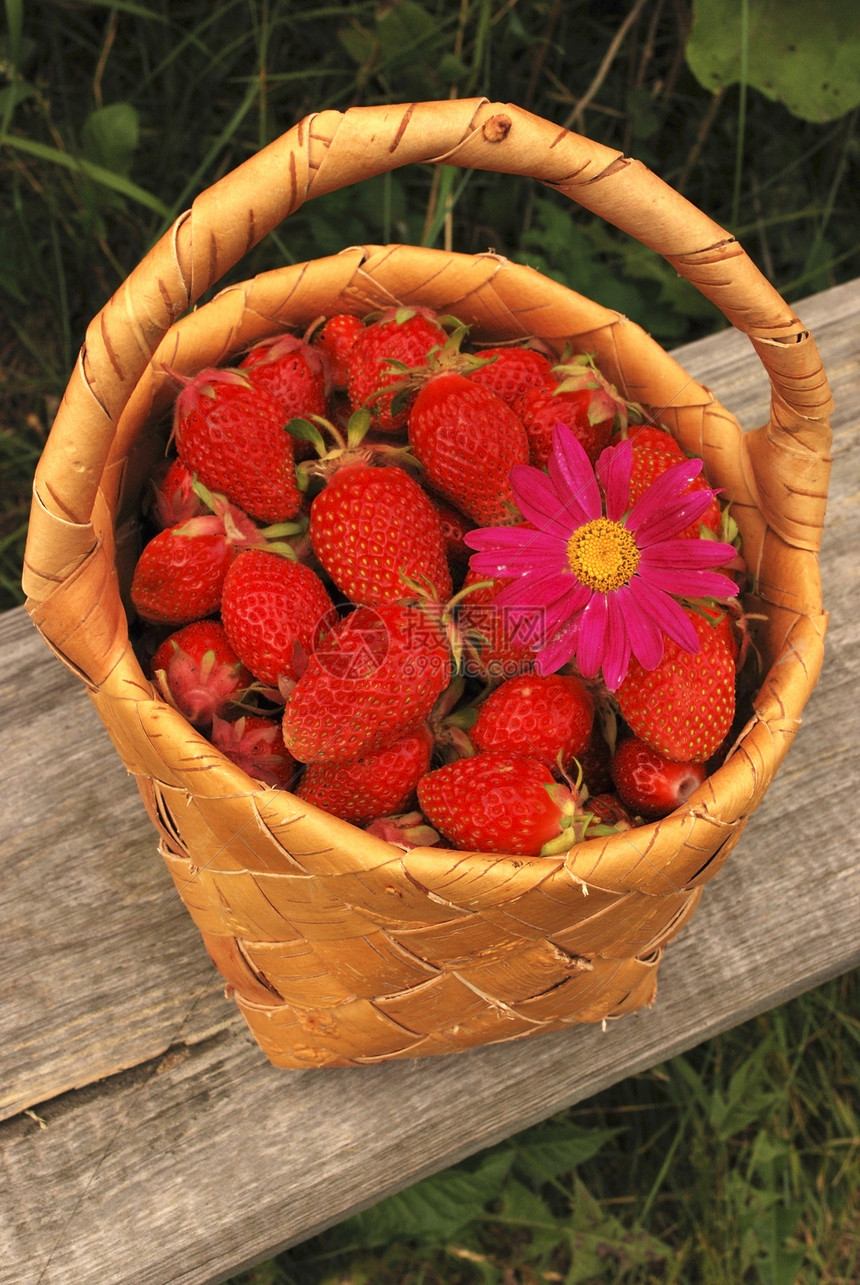 草莓篮子中的草莓柳条制品圆形季节皮层浆果篮子红色绿色烹饪图片