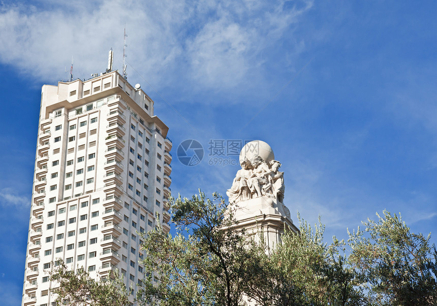 马德里西班牙广场的萨图Satue建筑数字旅行花园喷泉路线街道石头假期旅游图片