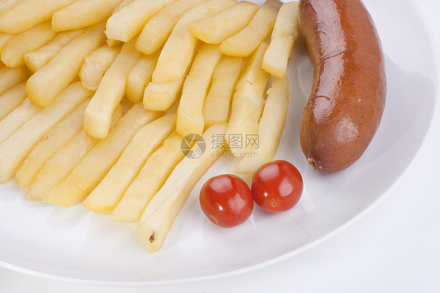 香肠油炸食物装箱红色营养粉色黄色小吃盘子白色图片