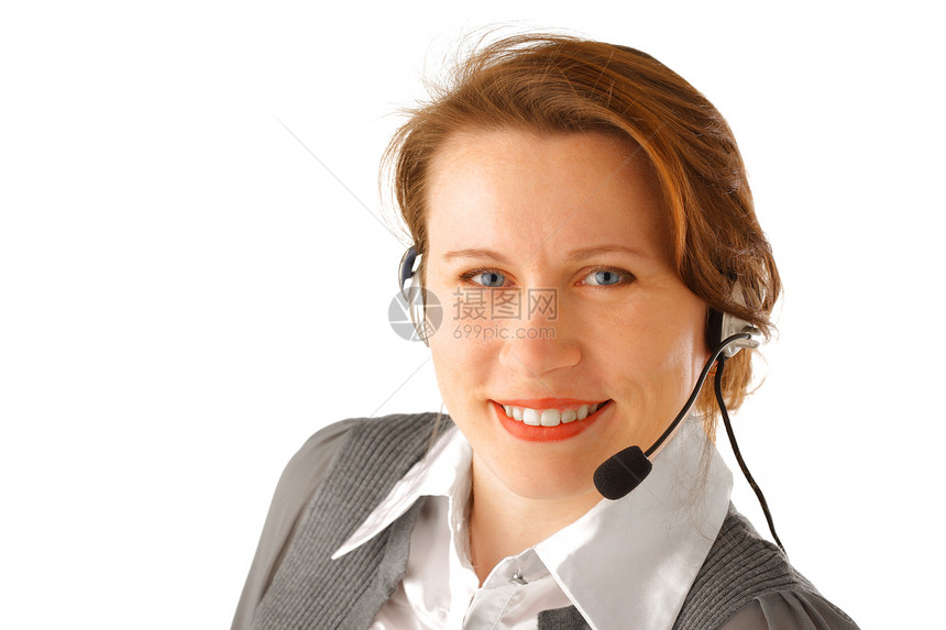 戴耳耳机的商业妇女技术中心职业顾客通讯操作员头发秘书销售量白色图片