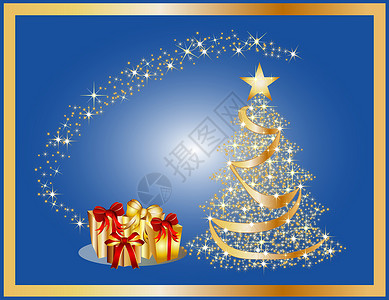 金色圣诞树玩具庆典火花展示墙纸金子星星丝带装饰品背景图片
