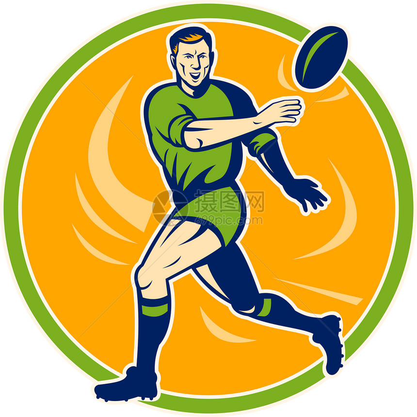橄榄球运动员跑球和传球跑步男人艺术品卡通片玩家游戏插图运动全身圆圈图片
