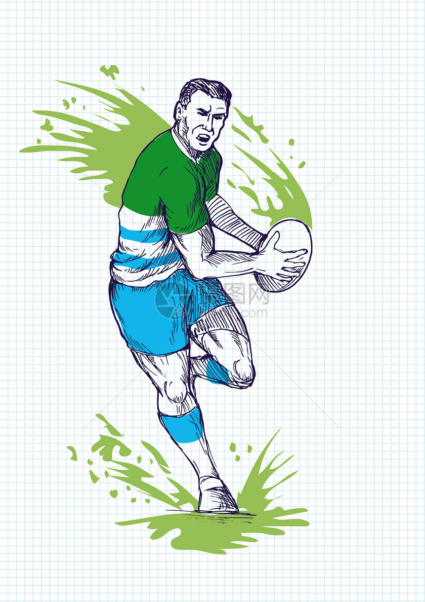 橄榄球运动员跑球和传球投掷插图艺术品男性绘画游戏足球运动玩家全身图片