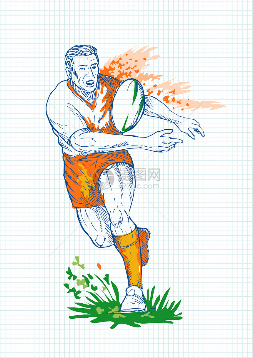 橄榄球运动员跑球和传球艺术品插图足球跑步男人分数网格绘画运动男性图片