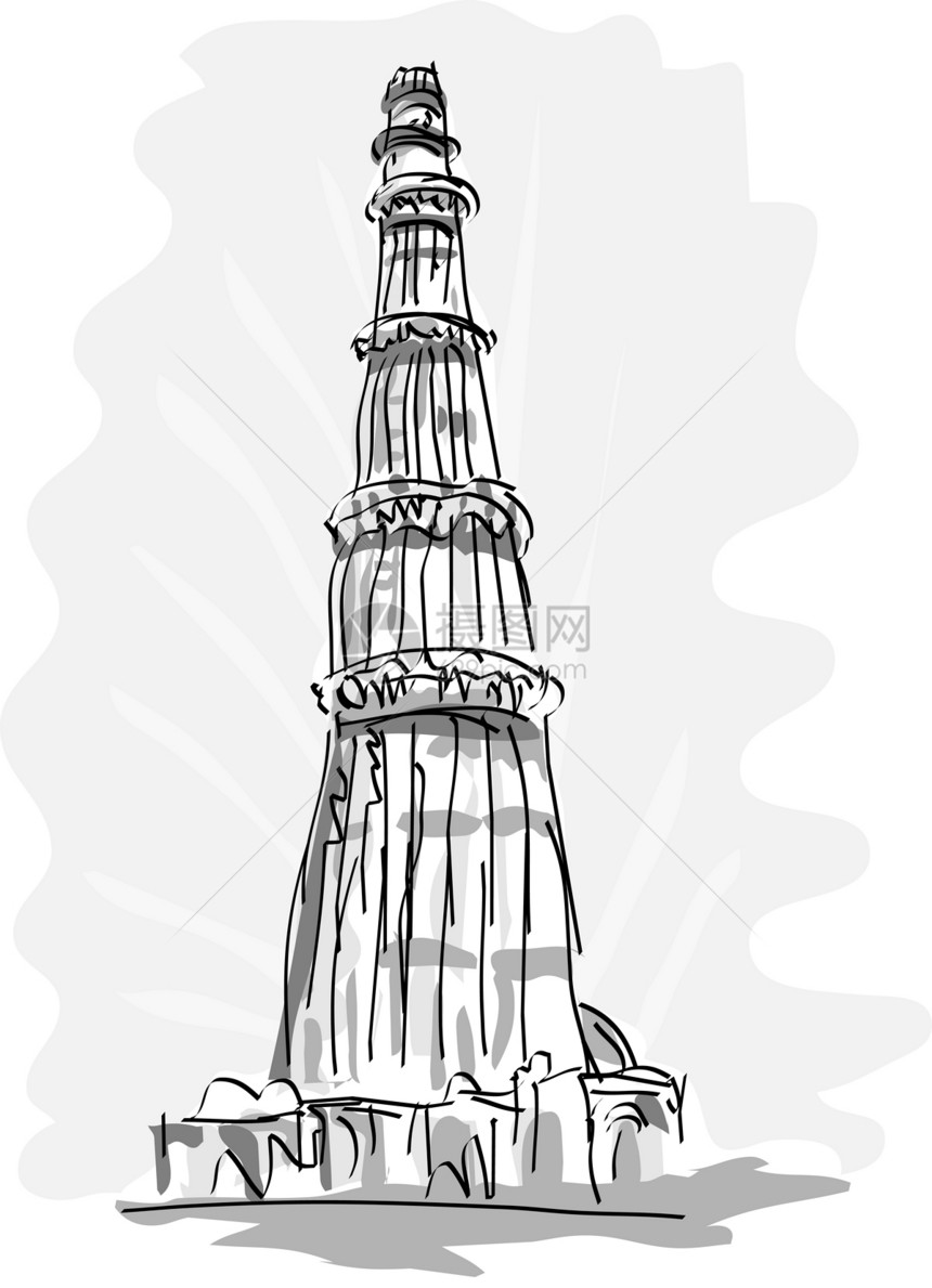 印度德里图布米纳拉塔建筑古塔尖塔插图灰色黑与白建筑学图片