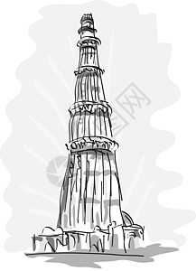 印度德里图布米纳拉塔建筑古塔尖塔插图灰色黑与白建筑学背景图片