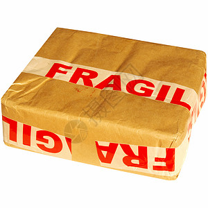 脆弱纸板白色警告瓦楞船运棕色磁带盒子背景图片
