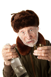 公开性富尔角的俄罗斯男子与伏特加间谍男性成人毛皮玻璃夹克瓶子胡须医学老年背景