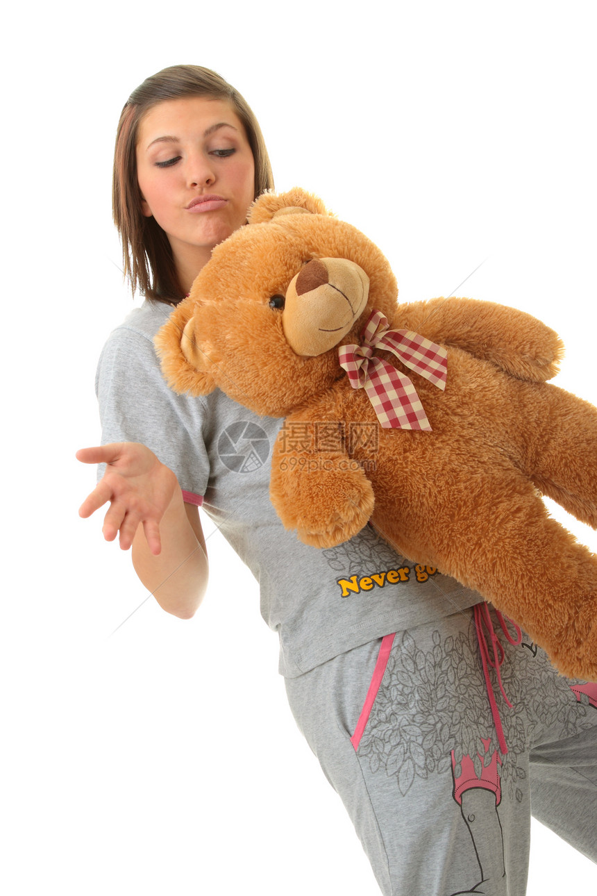带着泰迪熊的漂亮少年动物快乐女士女孩蓝色青少年喜悦安全拥抱青年图片