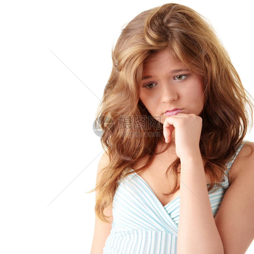 无聊女孩学生头发悲伤眼睛压力青年衣服蓝色青少年孤独图片