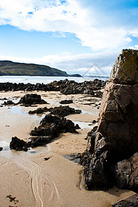 苏格兰沙木海岸线旅行海滩海洋海岸波浪高地阳光岩石背景图片